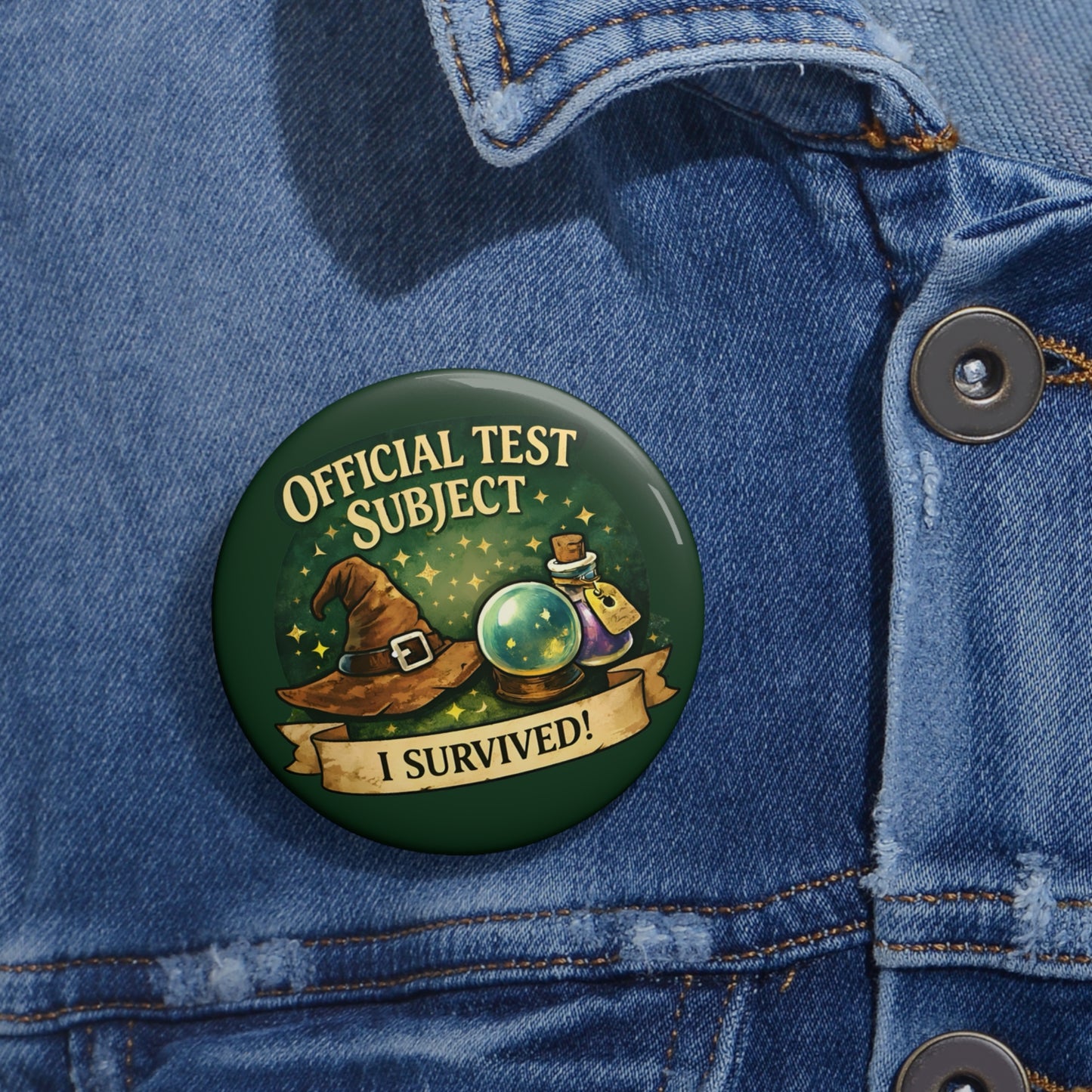 Enamel Pin Button — "Official Test Subject: I Survived!" Wizardry Badge