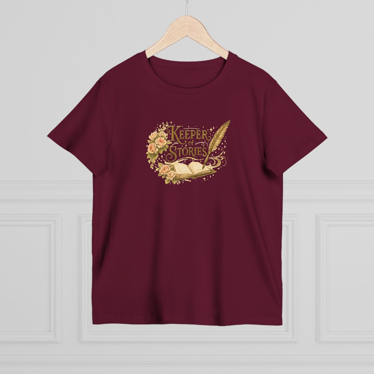 Keeper of Stories T‑Shirt — Women's Literary Tee with Quill & Floral Design