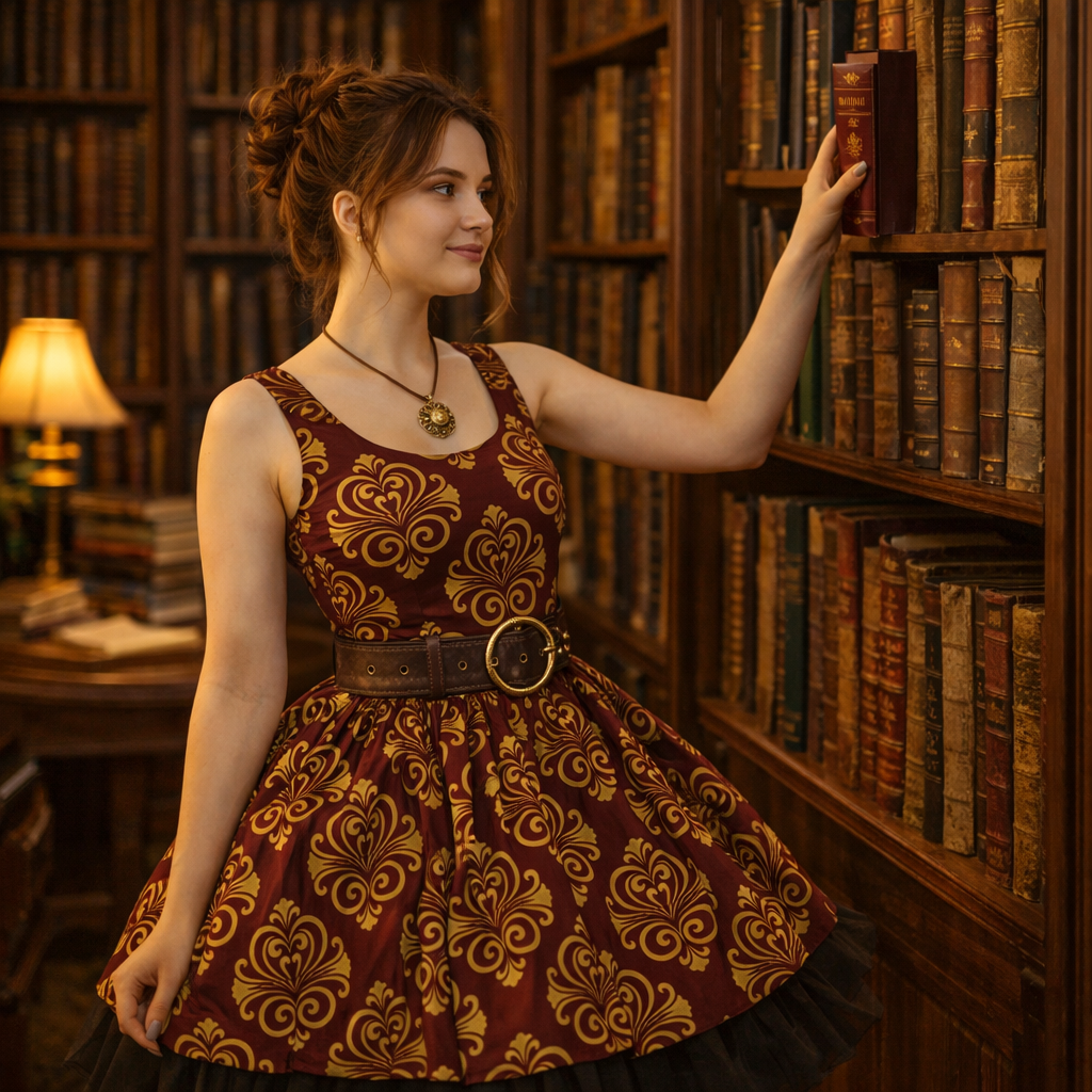 Maroon & Gold Damask Magician Dress — Author Life