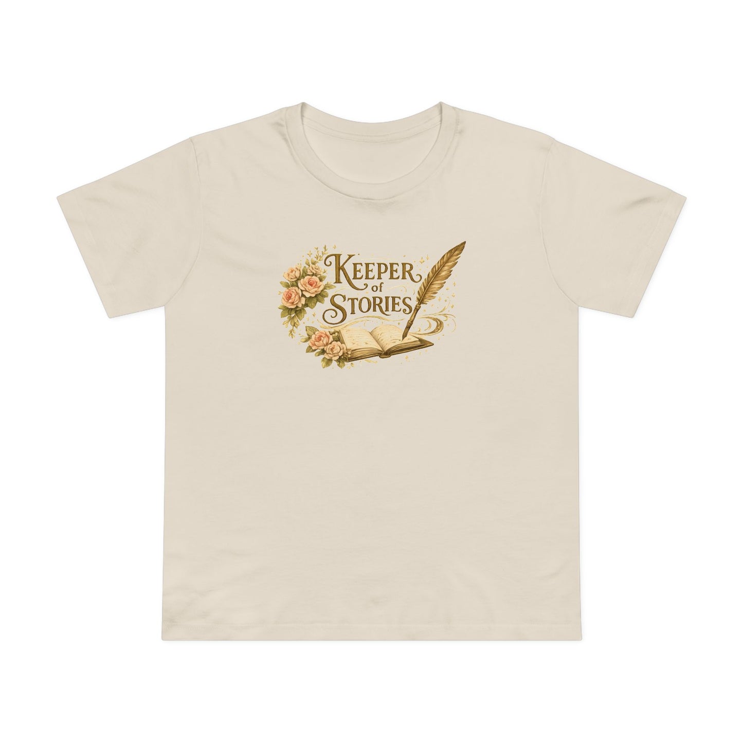 Keeper of Stories T‑Shirt — Women's Literary Tee with Quill & Floral Design