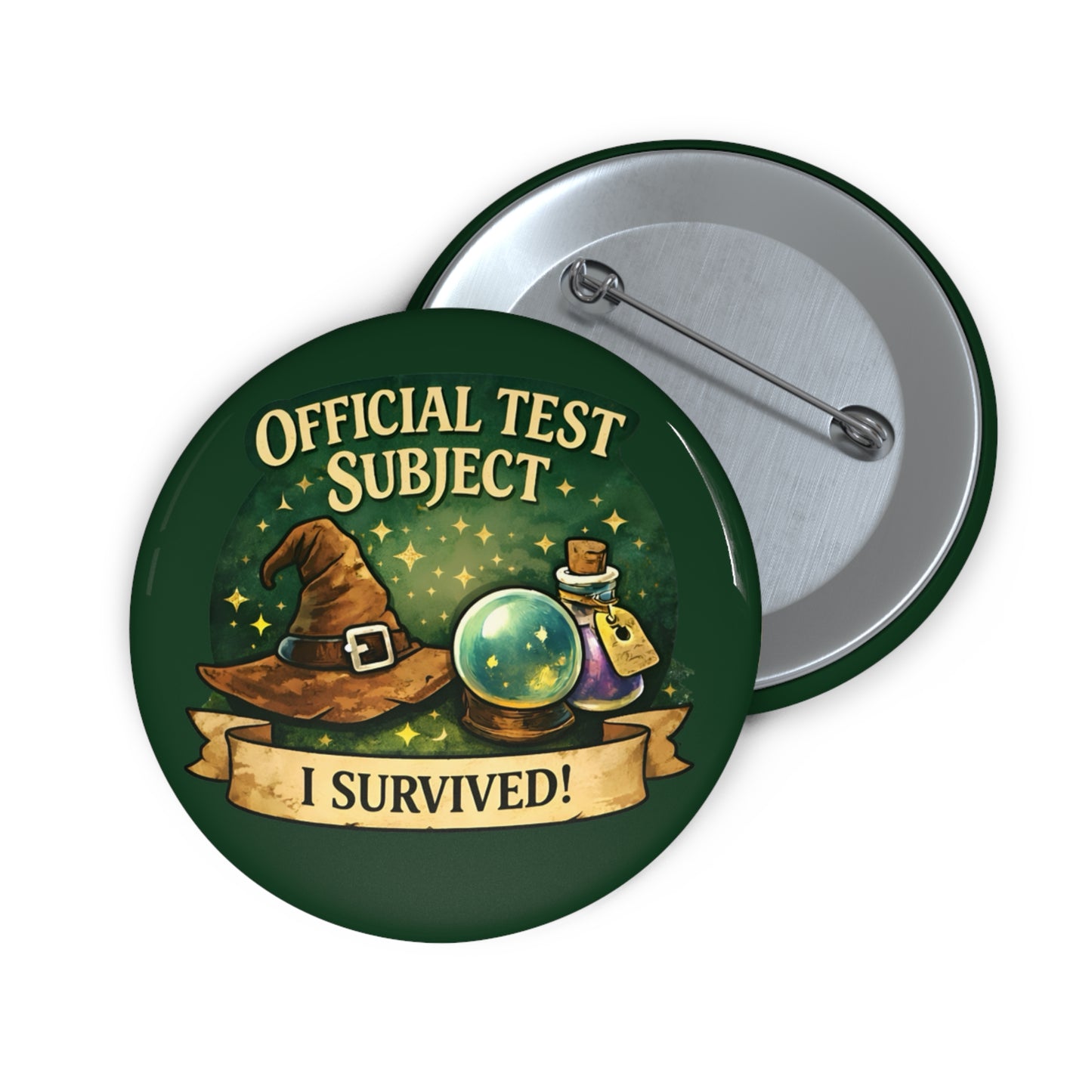 Enamel Pin Button — "Official Test Subject: I Survived!" Wizardry Badge