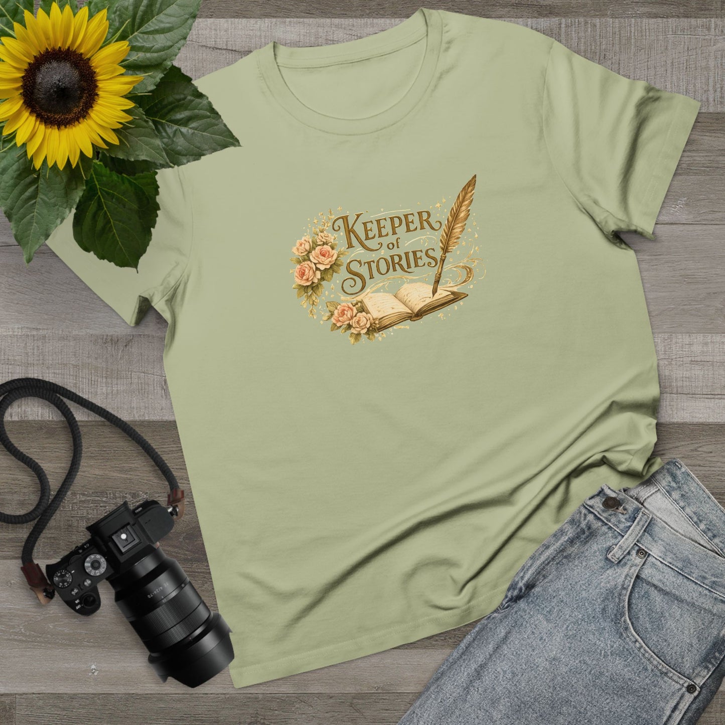 Keeper of Stories T‑Shirt — Women's Literary Tee with Quill & Floral Design