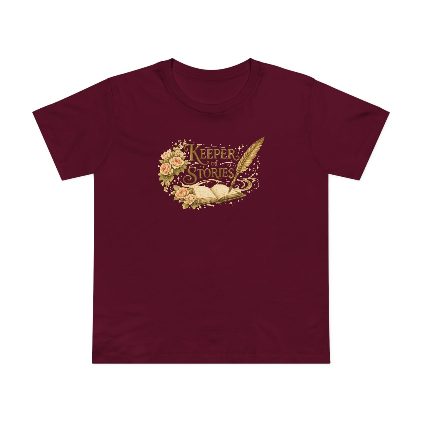 Keeper of Stories T‑Shirt — Women's Literary Tee with Quill & Floral Design