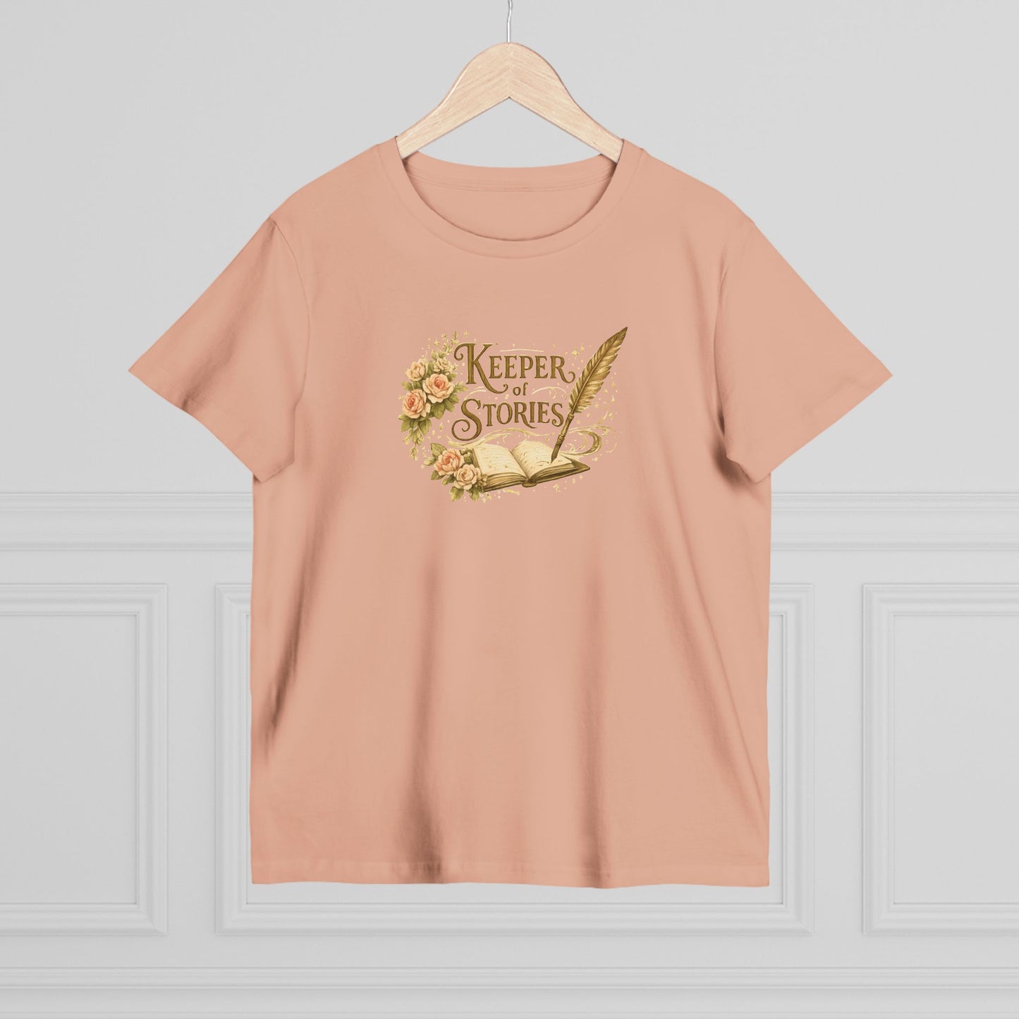 Keeper of Stories T‑Shirt — Women's Literary Tee with Quill & Floral Design