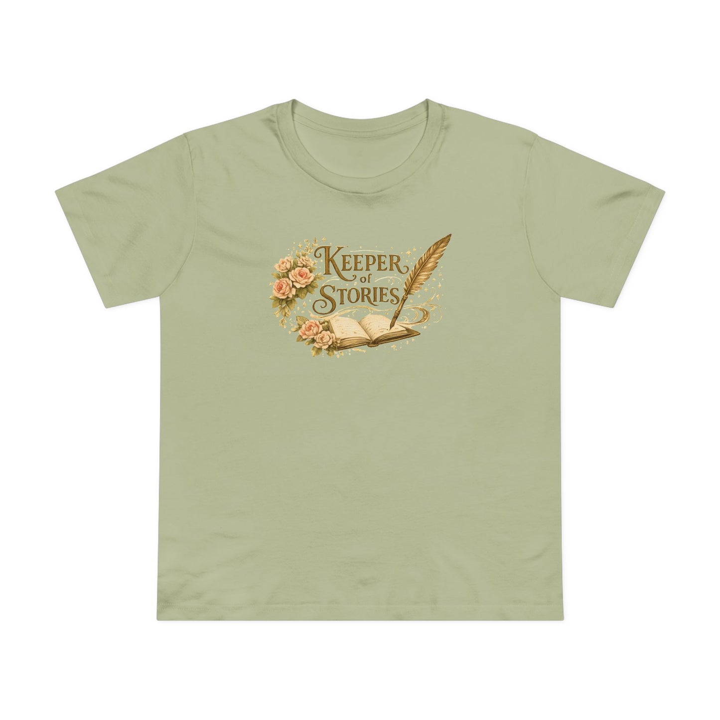 Keeper of Stories T‑Shirt — Women's Literary Tee with Quill & Floral Design