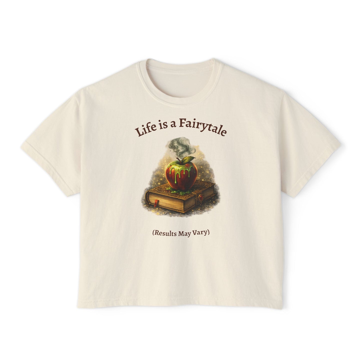 Women's Boxy Tee — "Life is a Fairytale (Results May Vary)" Vintage Storybook Graphic