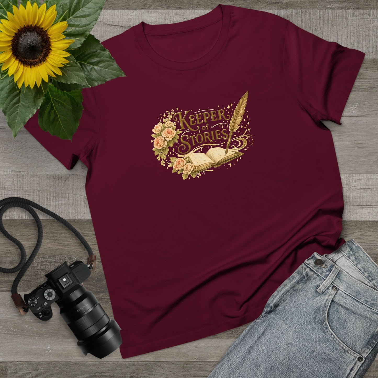 Keeper of Stories T‑Shirt — Women's Literary Tee with Quill & Floral Design
