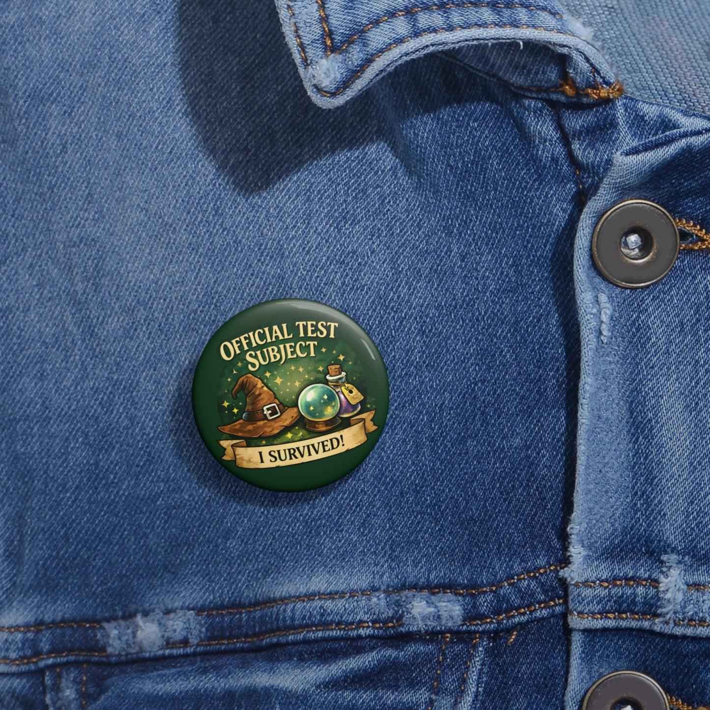 Enamel Pin Button — "Official Test Subject: I Survived!" Wizardry Badge