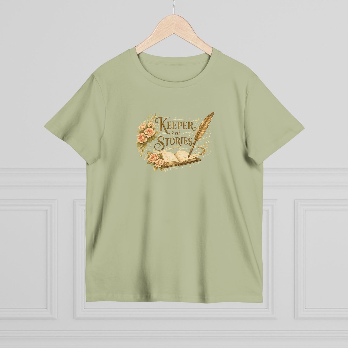 Keeper of Stories T‑Shirt — Women's Literary Tee with Quill & Floral Design