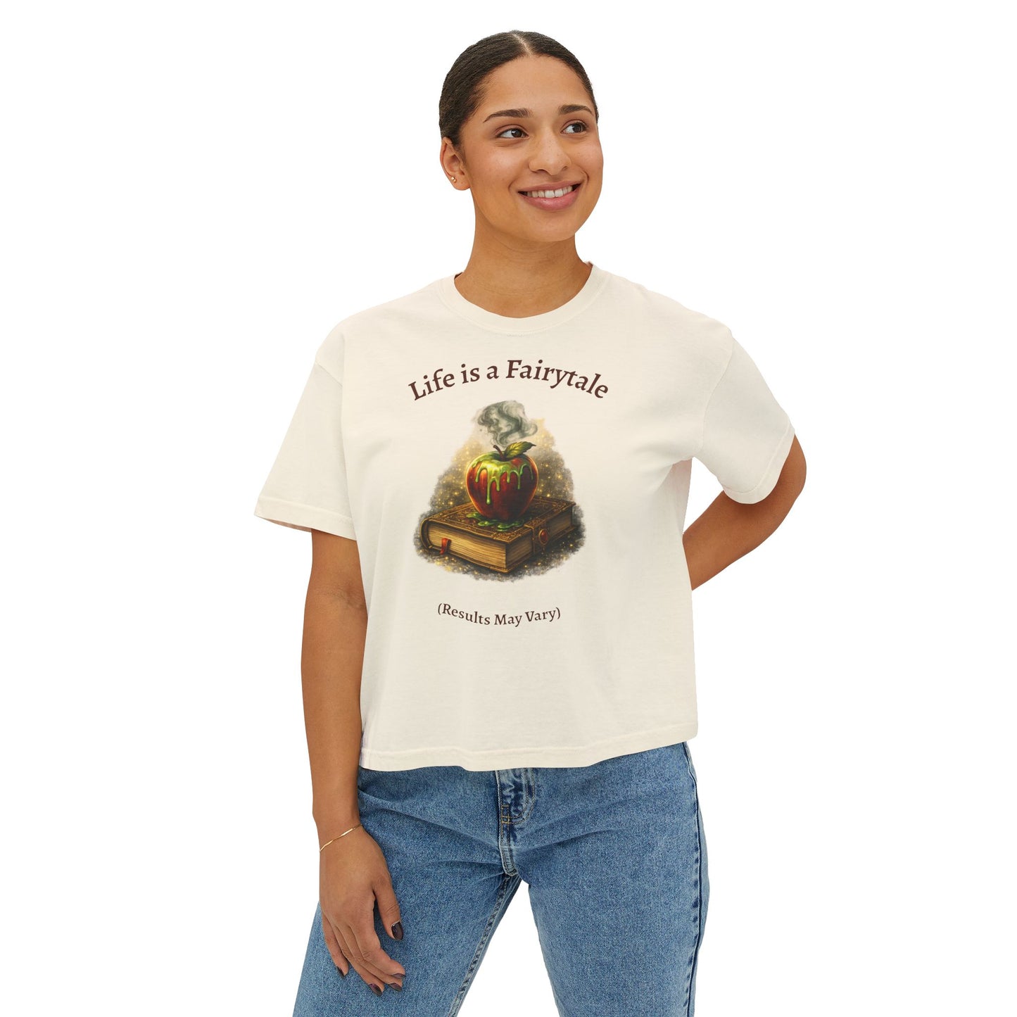 Women's Boxy Tee — "Life is a Fairytale (Results May Vary)" Vintage Storybook Graphic