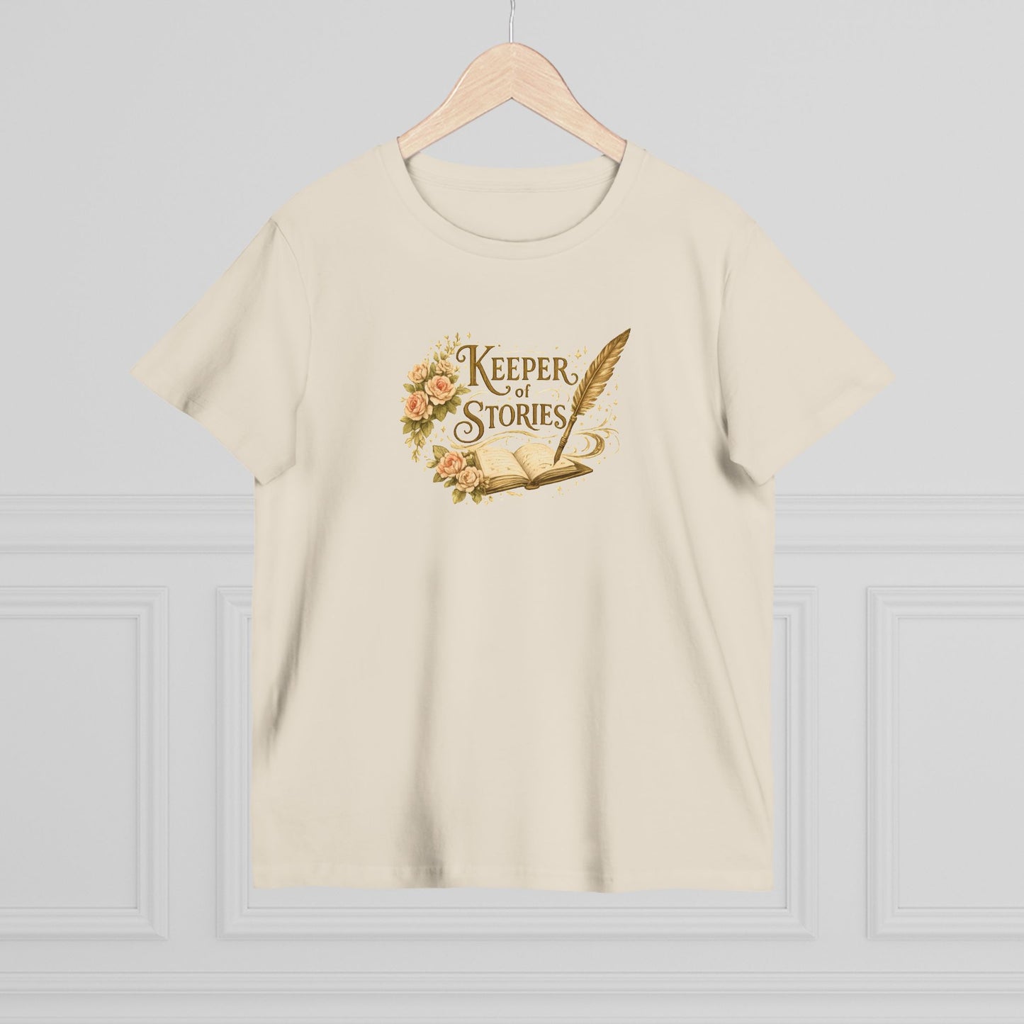 Keeper of Stories T‑Shirt — Women's Literary Tee with Quill & Floral Design