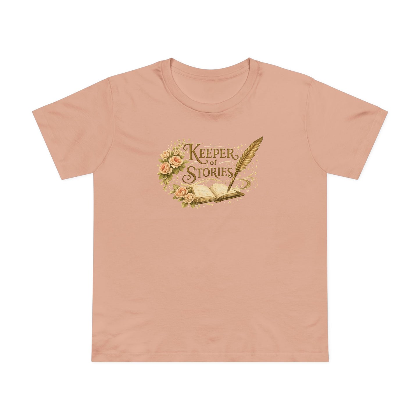 Keeper of Stories T‑Shirt — Women's Literary Tee with Quill & Floral Design