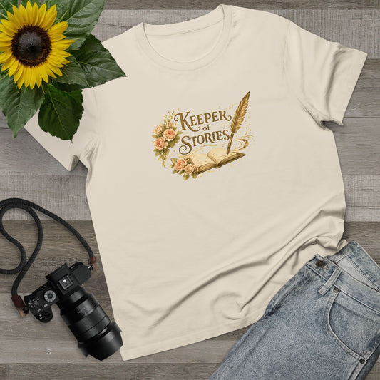 Keeper of Stories T‑Shirt — Women's Literary Tee with Quill & Floral Design