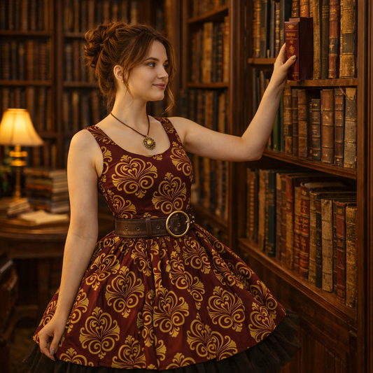 Maroon & Gold Damask Magician Dress — Author Life