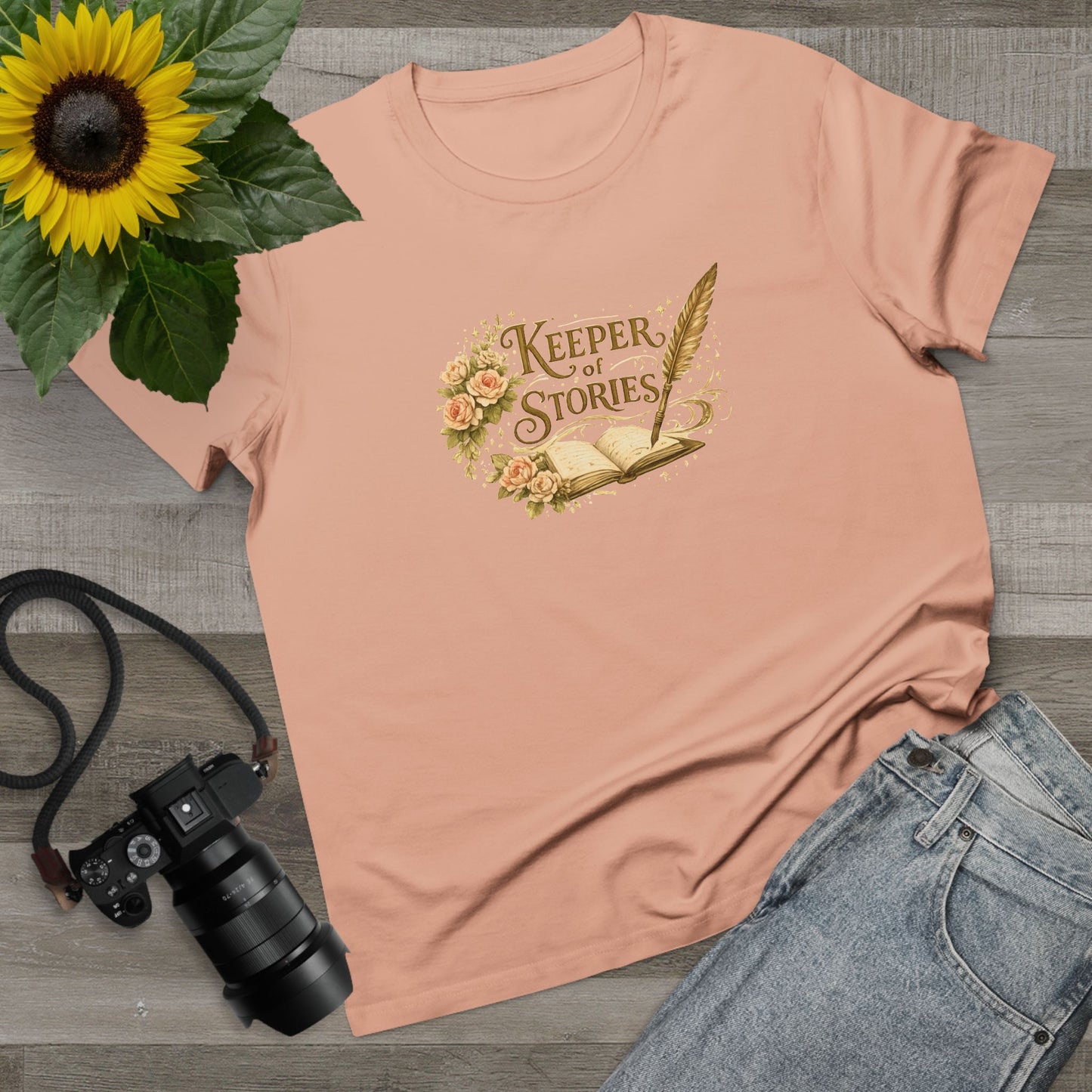 Keeper of Stories T‑Shirt — Women's Literary Tee with Quill & Floral Design